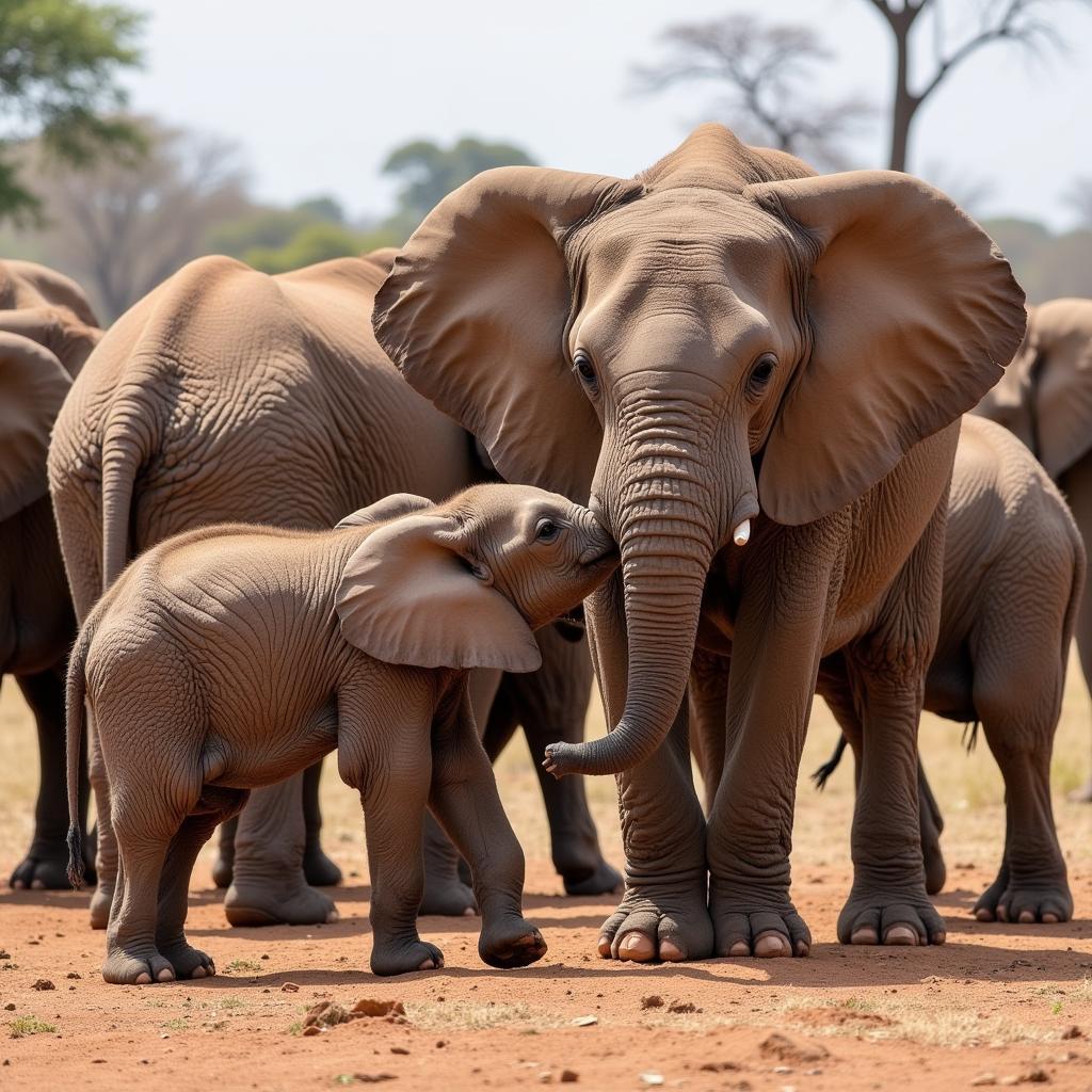 African Elephant Mother and Calf Moments After Birth