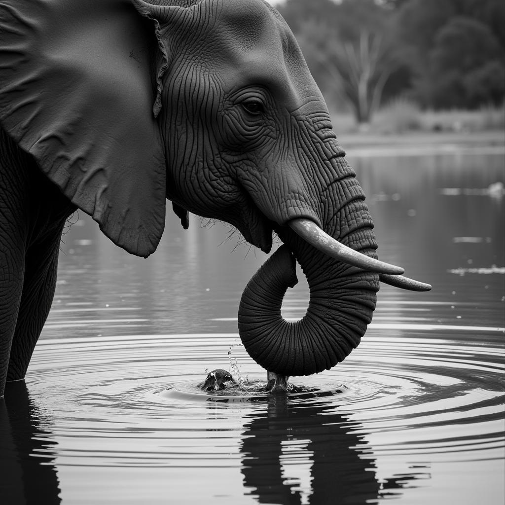 A black and white photo of an African elephant drinking water from a watering hole, its trunk submerged.