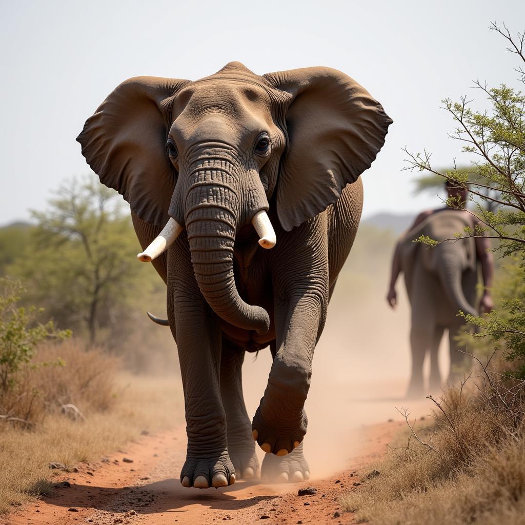 African Elephant Charging a Man