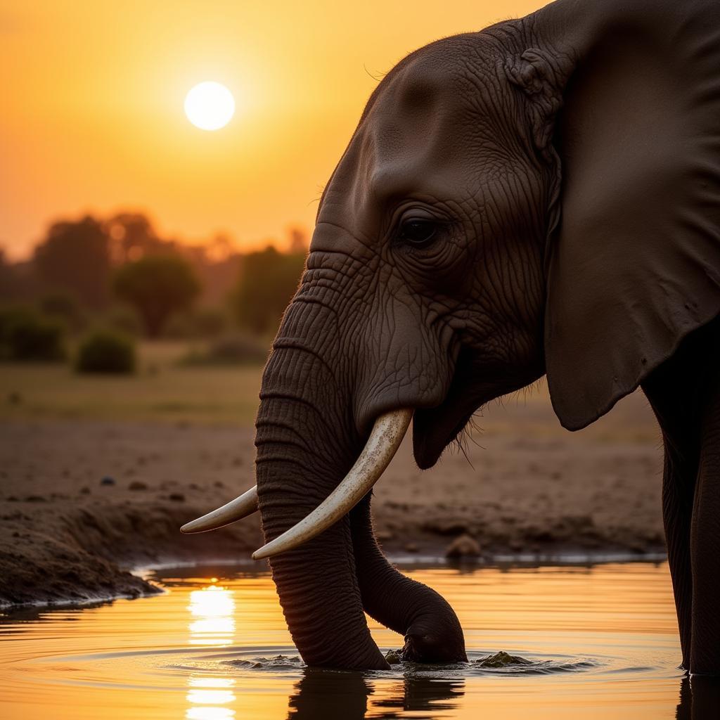 African elephant drinking water at a waterhole during sunset