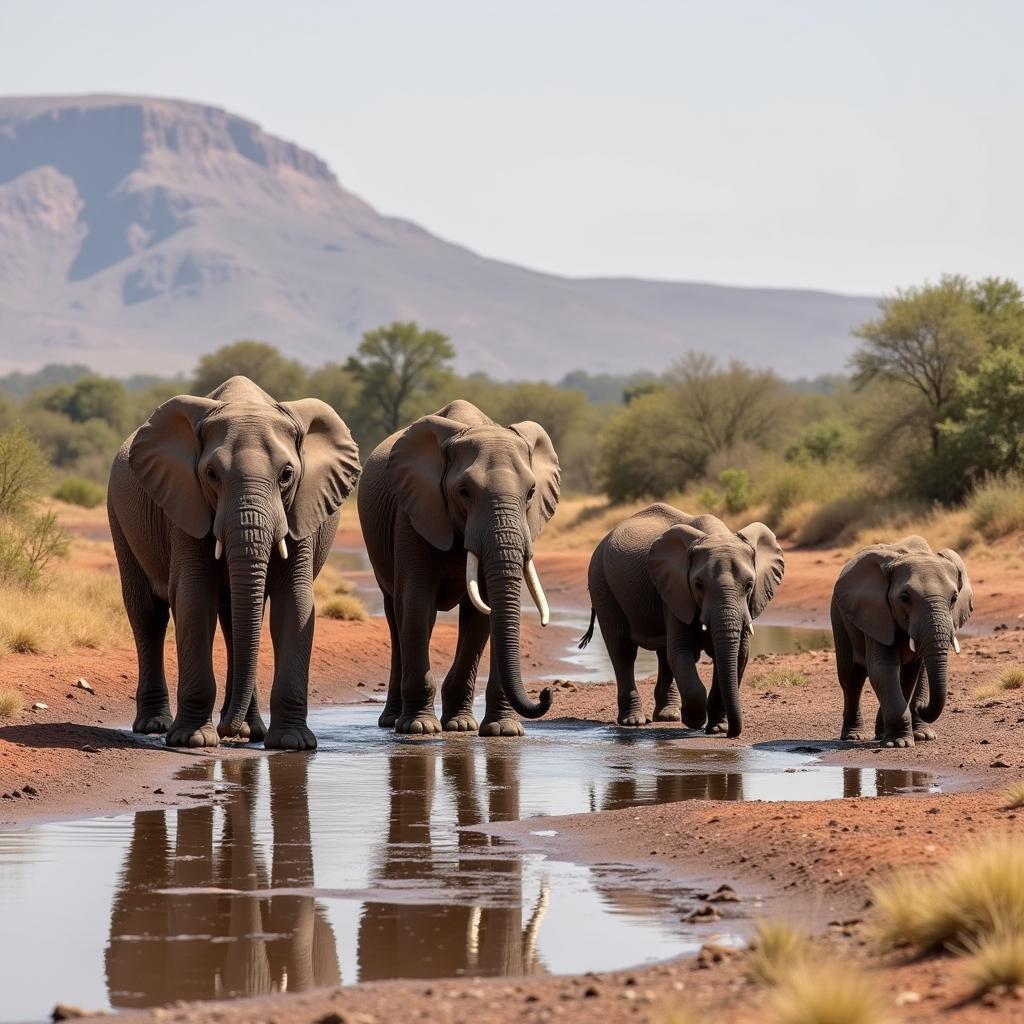 African Elephant Family Searching for Water