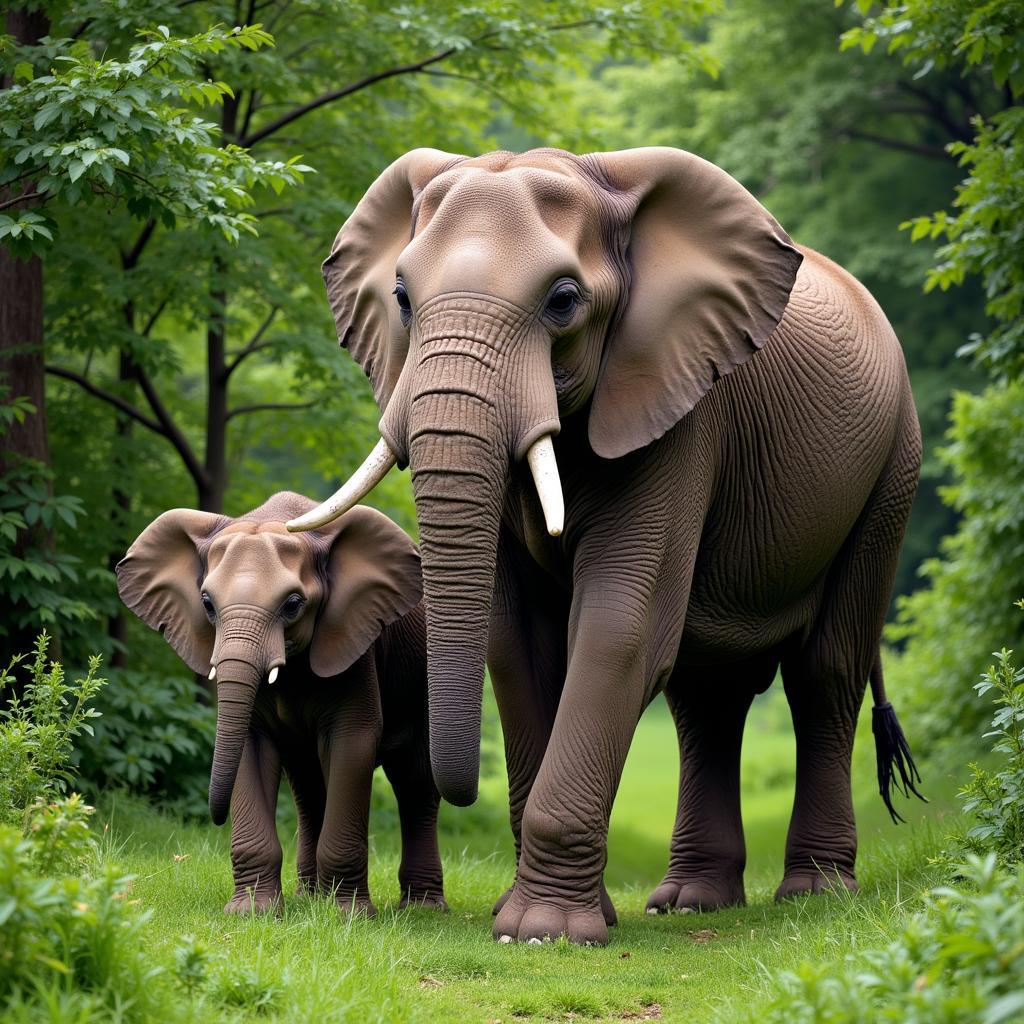 A family of African elephants with a transparent background in a lush green forest