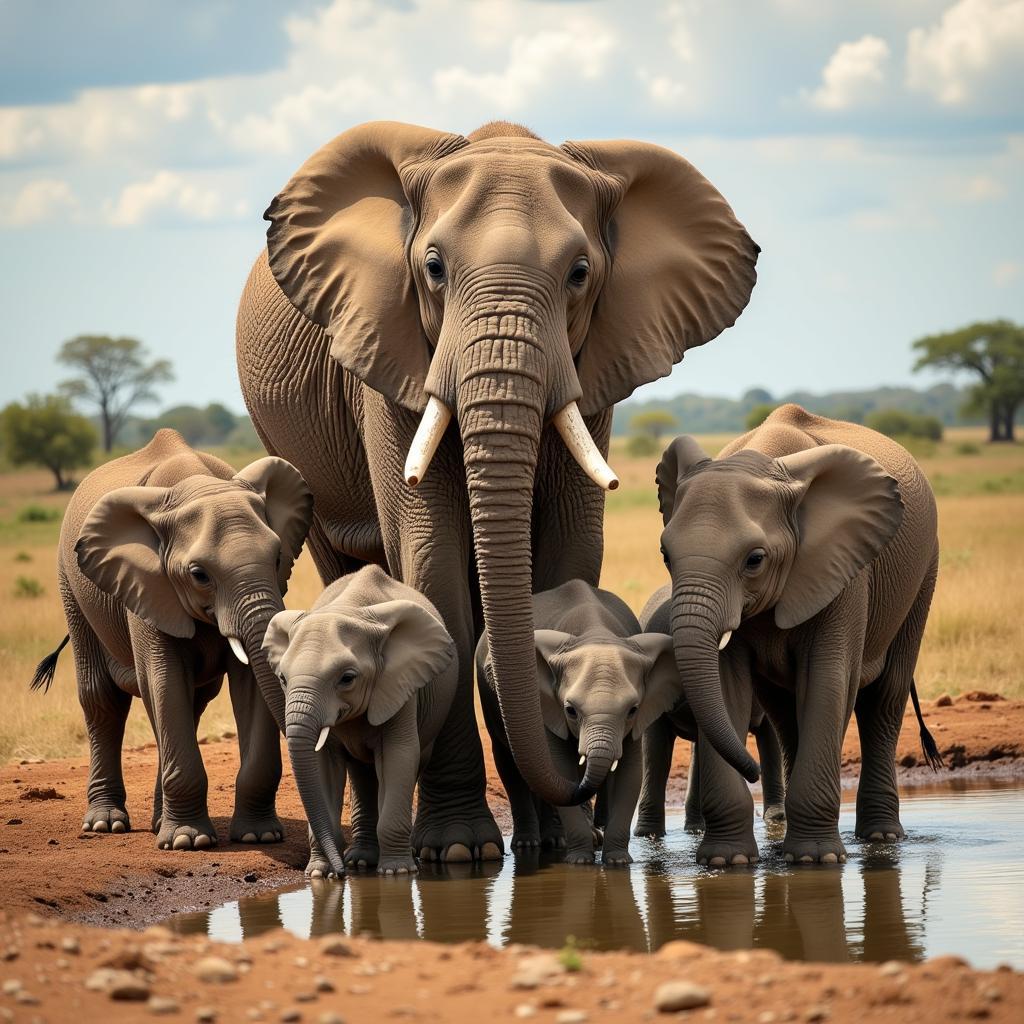 African Elephant Family at a Watering Hole