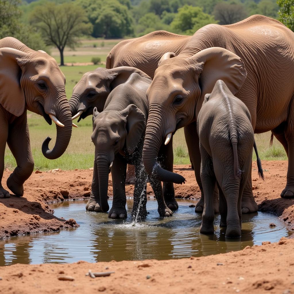 An African elephant herd gathers around a dwindling waterhole.