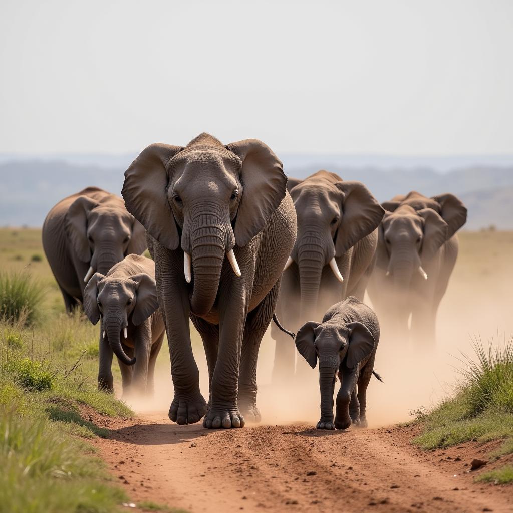 African Elephant Herd Led by Matriarch