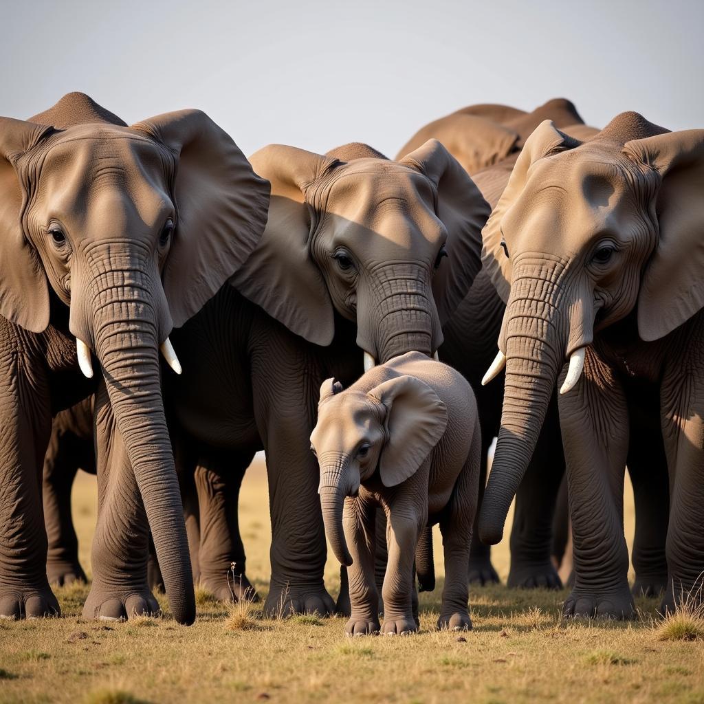 African Elephant Herd with Newborn Calf