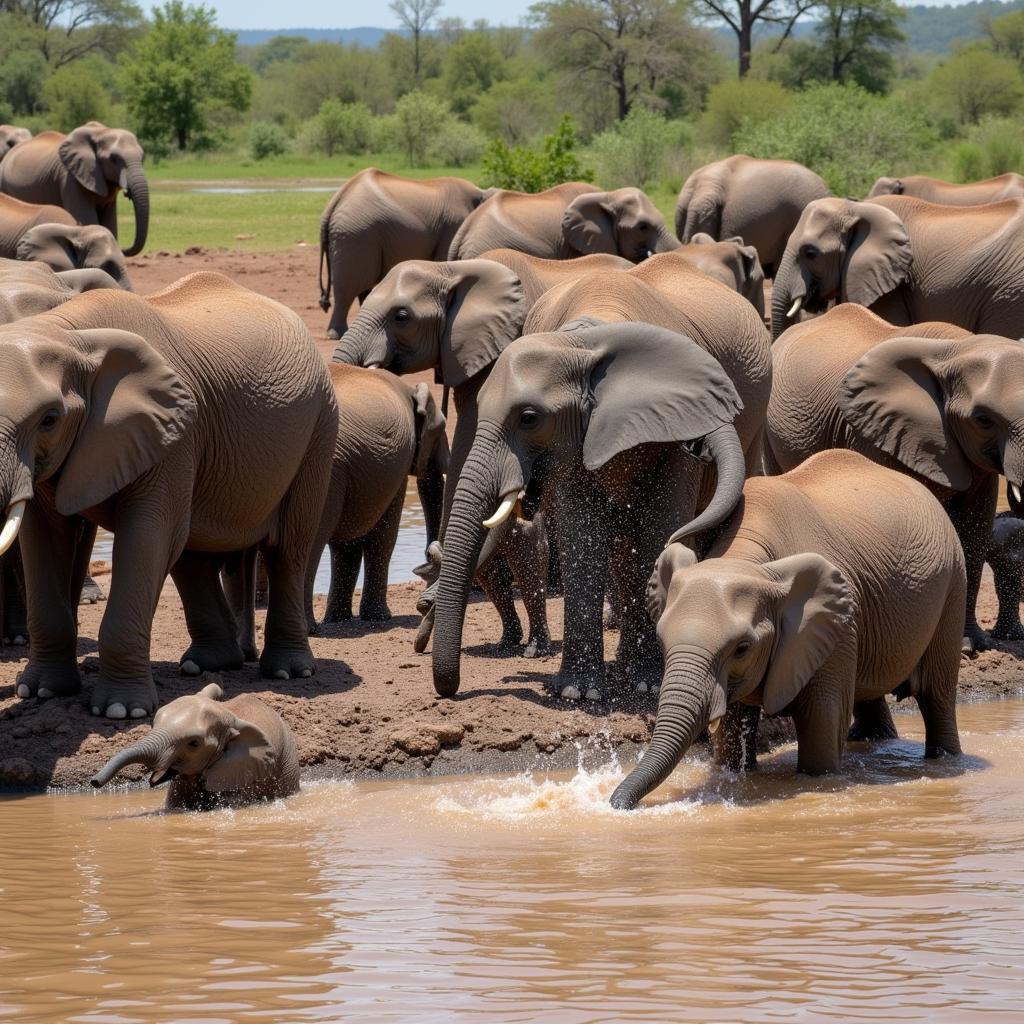 A herd of African elephants interacting at a waterhole