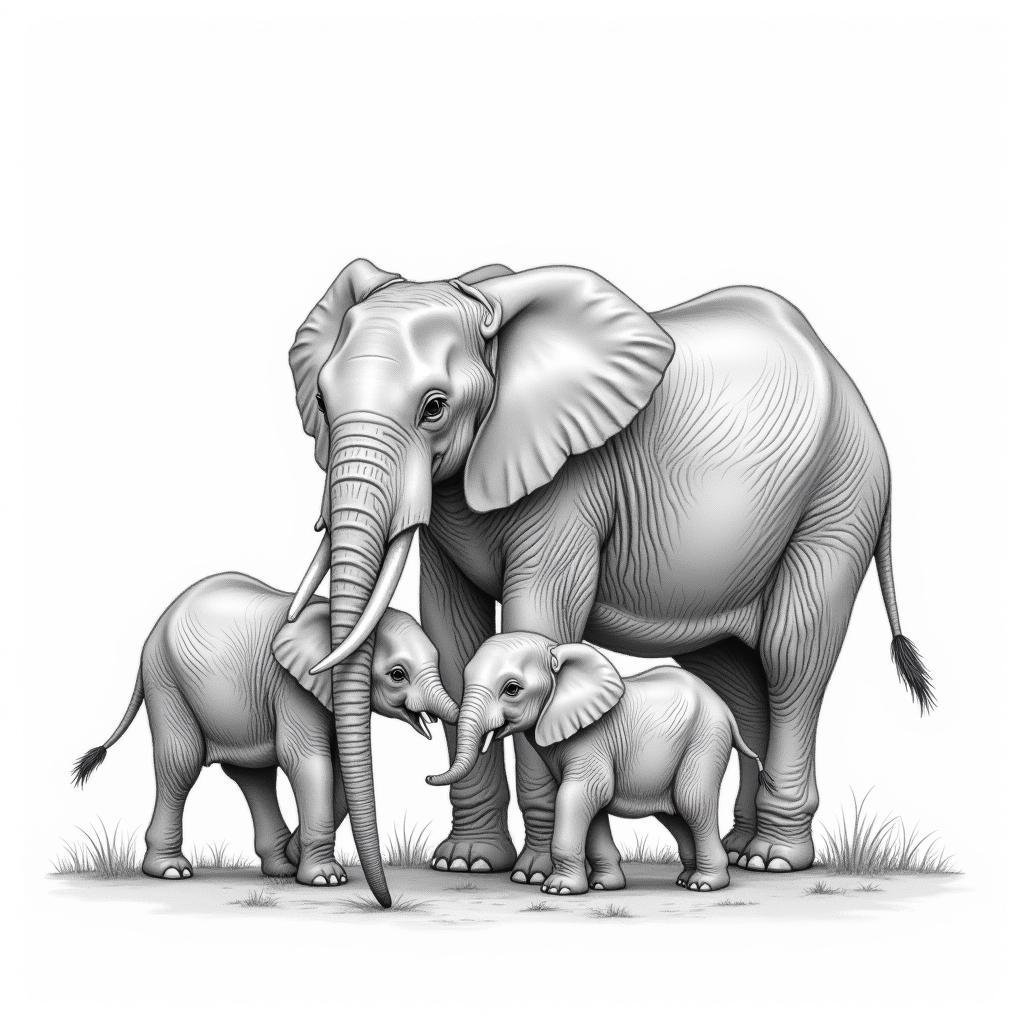 Pencil sketch of an African elephant family interacting, highlighting their social bonds