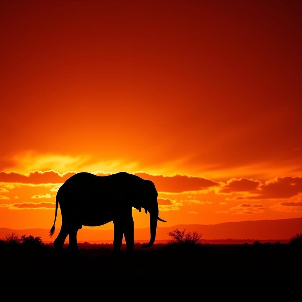 African elephant silhouette at sunset with vibrant orange and red hues.