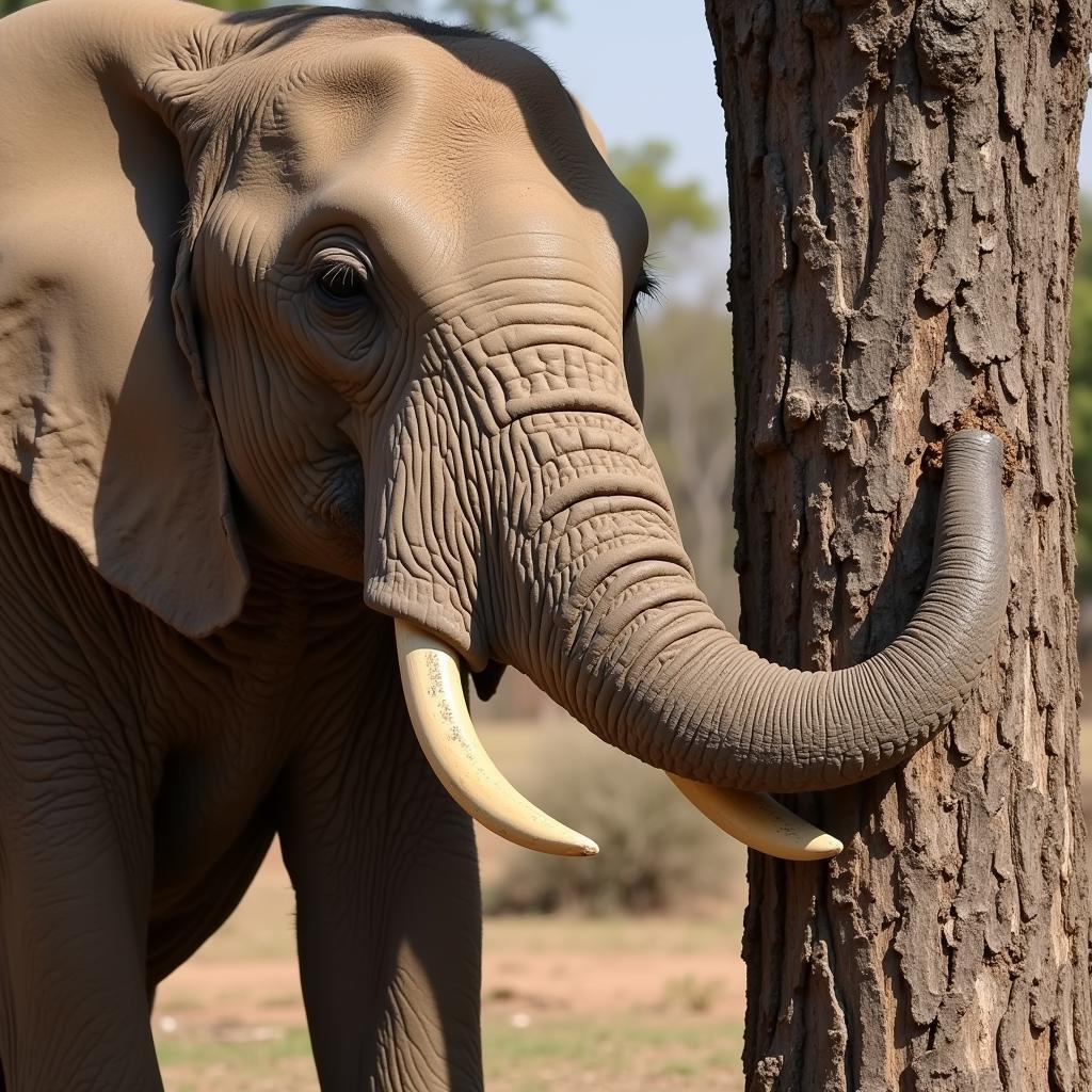 African Elephant Stripping Bark from a Tree