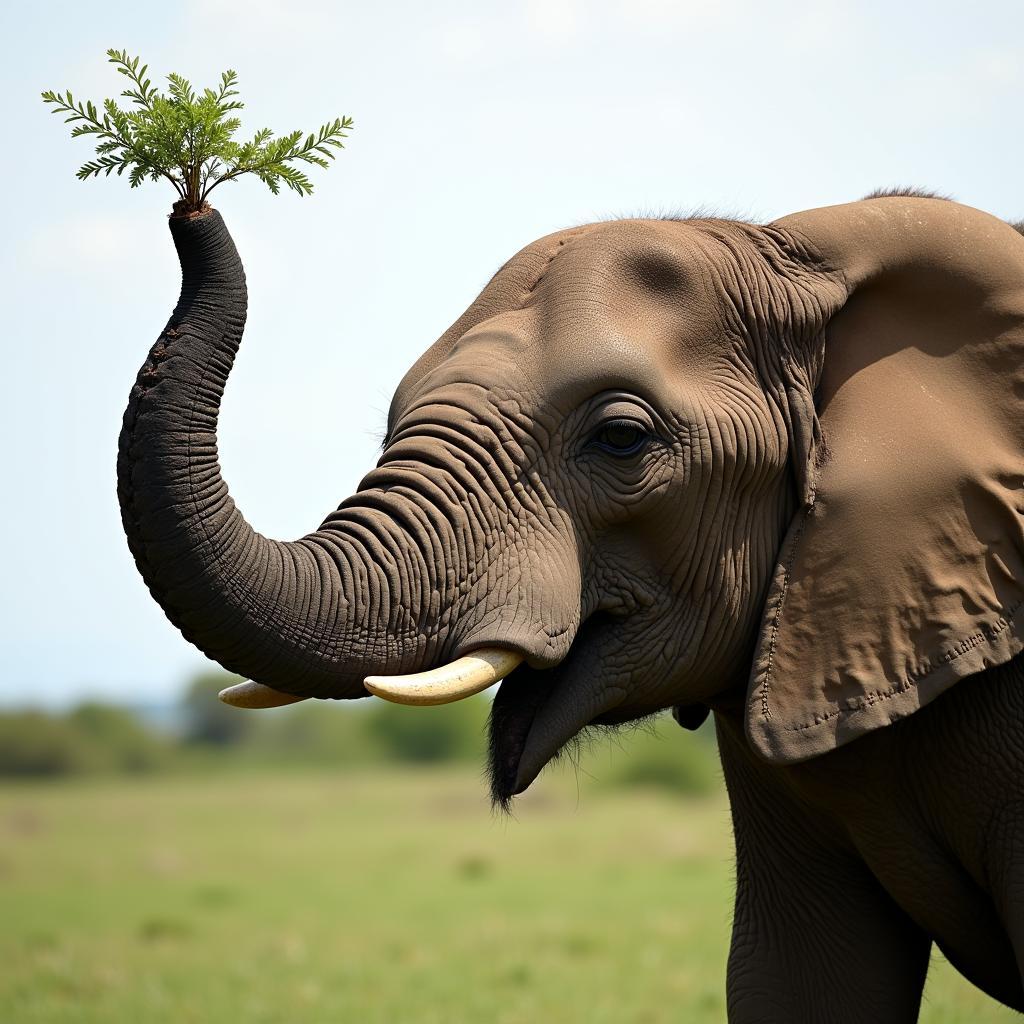 African Elephant Using its Trunk