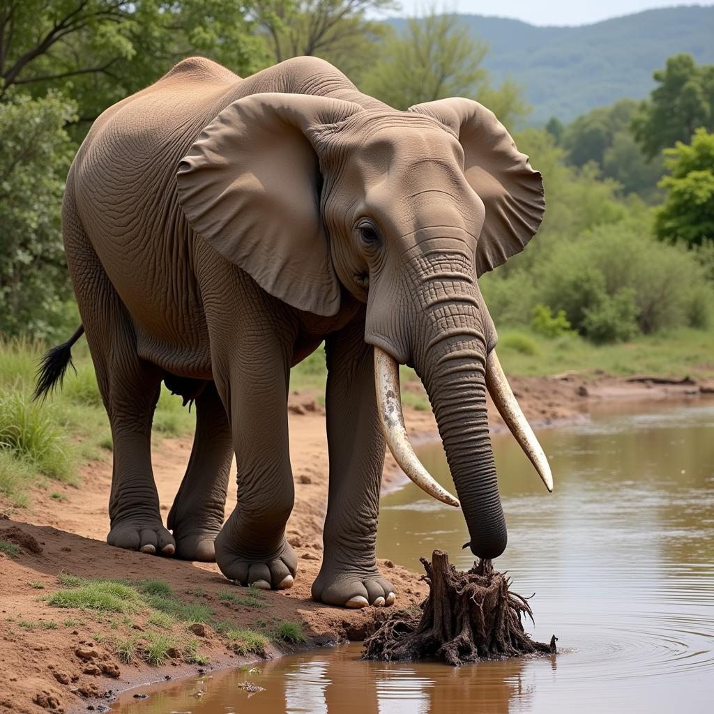 African Elephant Using Tusks to Dig