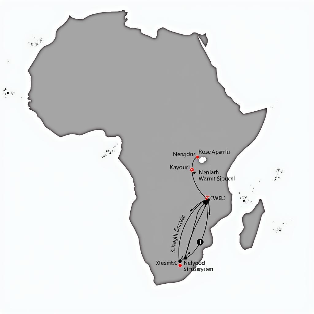 Map showing the destinations served by African Express Airways in Africa and the Middle East.