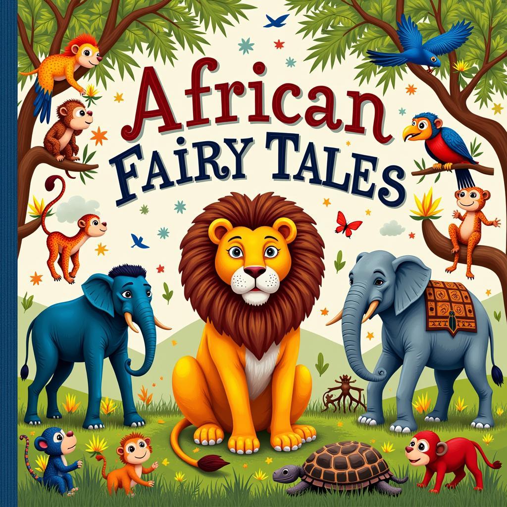 A vibrant cover of an African fairy tales book featuring illustrations of animals and mythical creatures