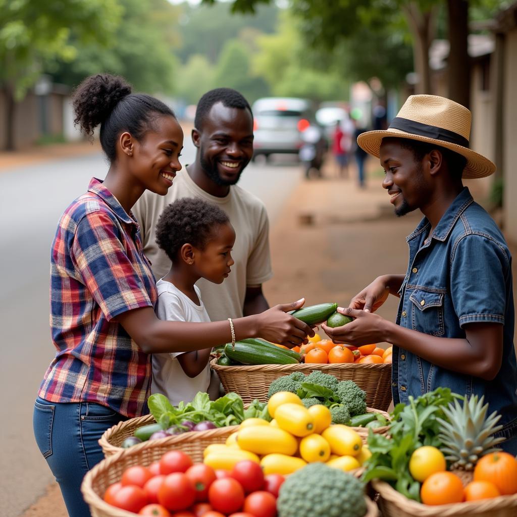 Family buying local produce at a roadside stall