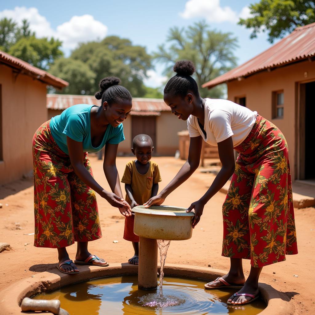 African family collecting water at a well in a rural village