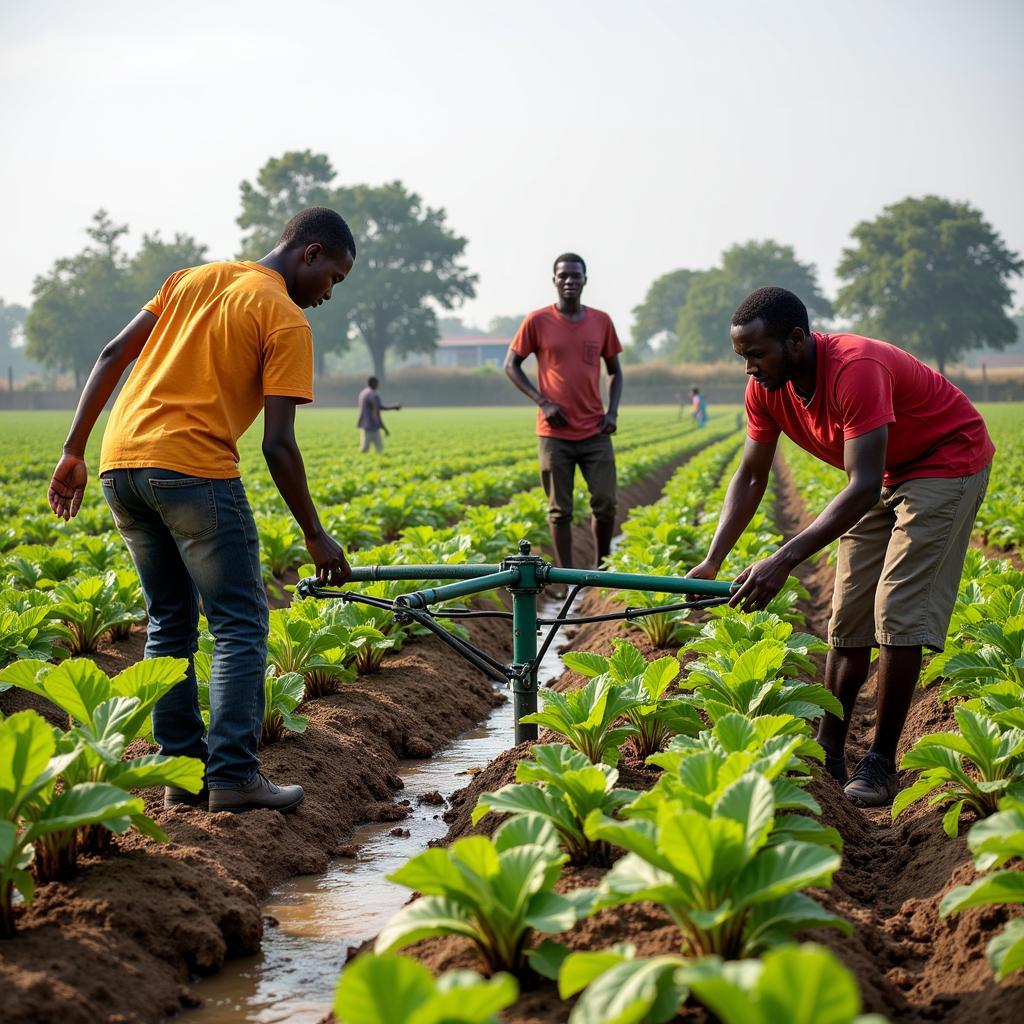 African farmers using an irrigation system, demonstrating climate-smart agriculture practices.