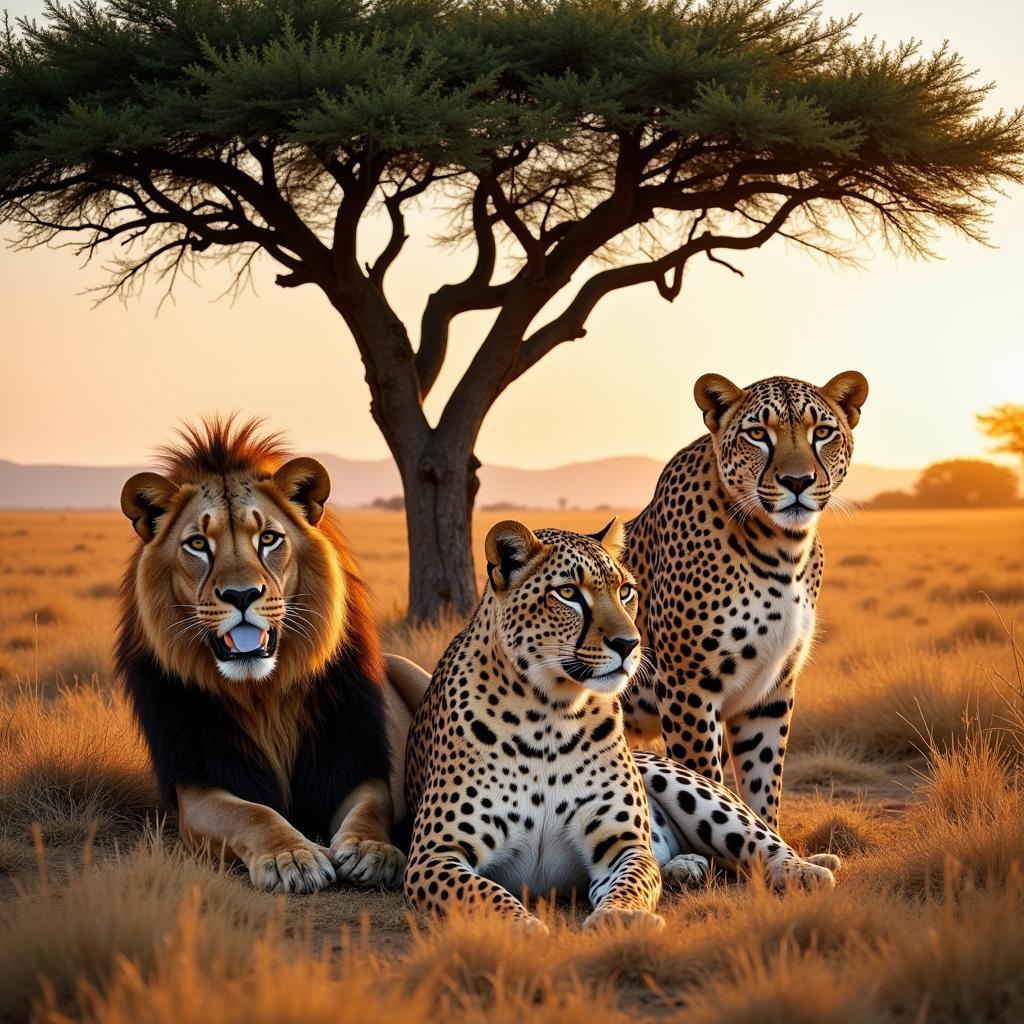 African Feline Family: Lion, Cheetah, and Leopard Prowling the Savannah