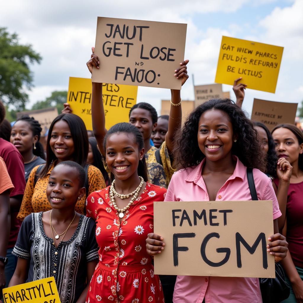 A group of women protesting against FGM, holding signs and banners.