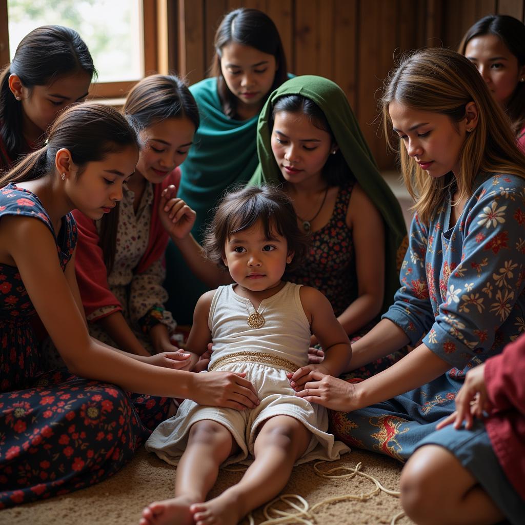 Young girl undergoing a traditional ritual of AFGC, surrounded by women.