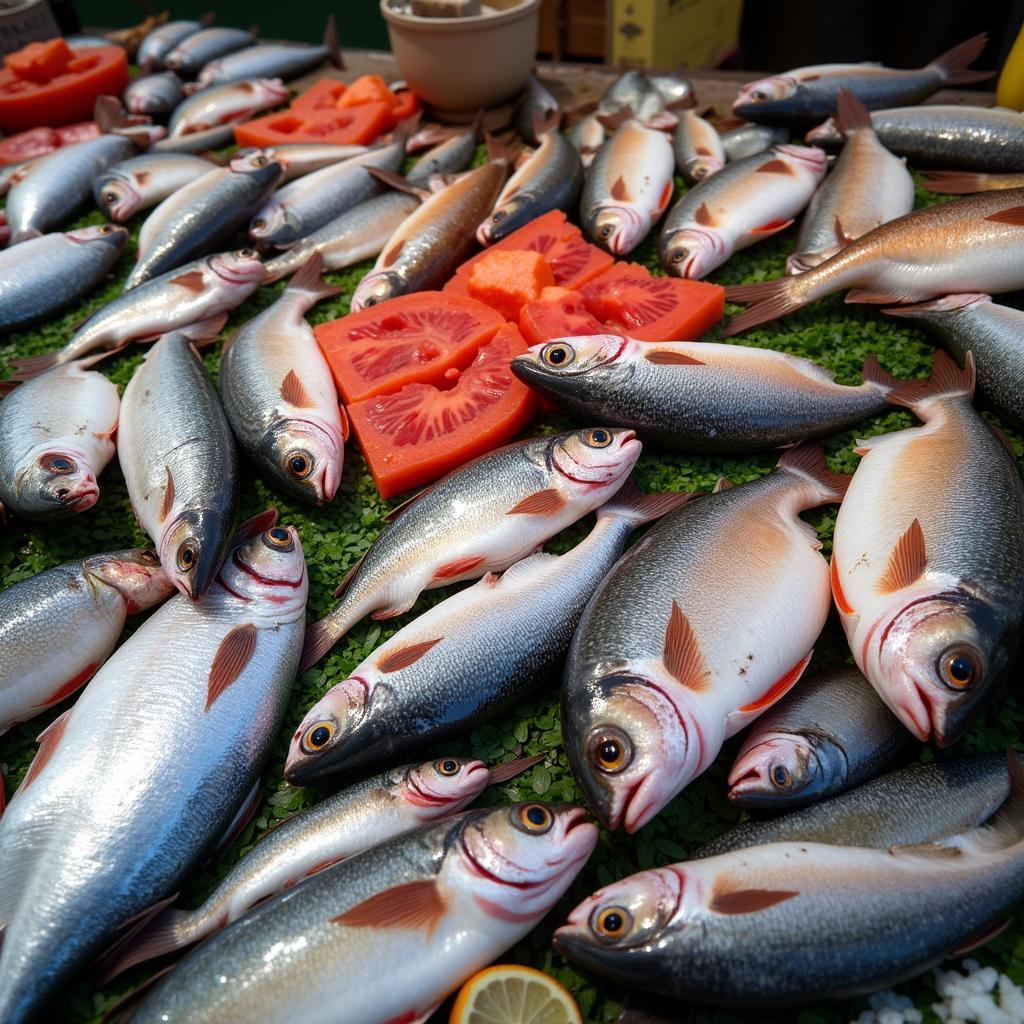 Diverse selection of fish at an African fish market