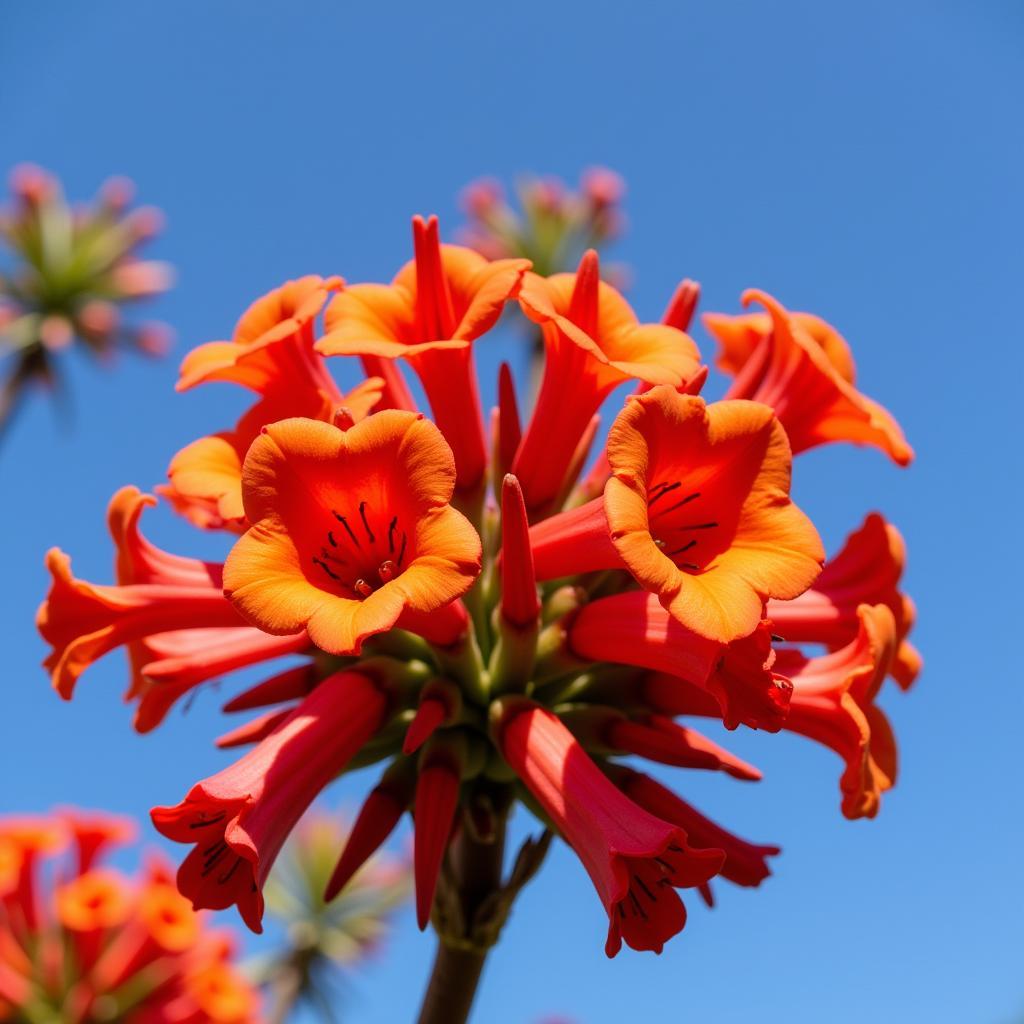 African flame tree with vibrant orange-red blossoms against a blue sky