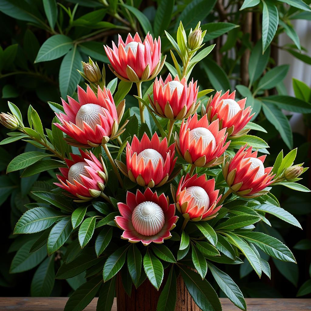 Vibrant African Flower Arrangement with Proteas and Lush Foliage