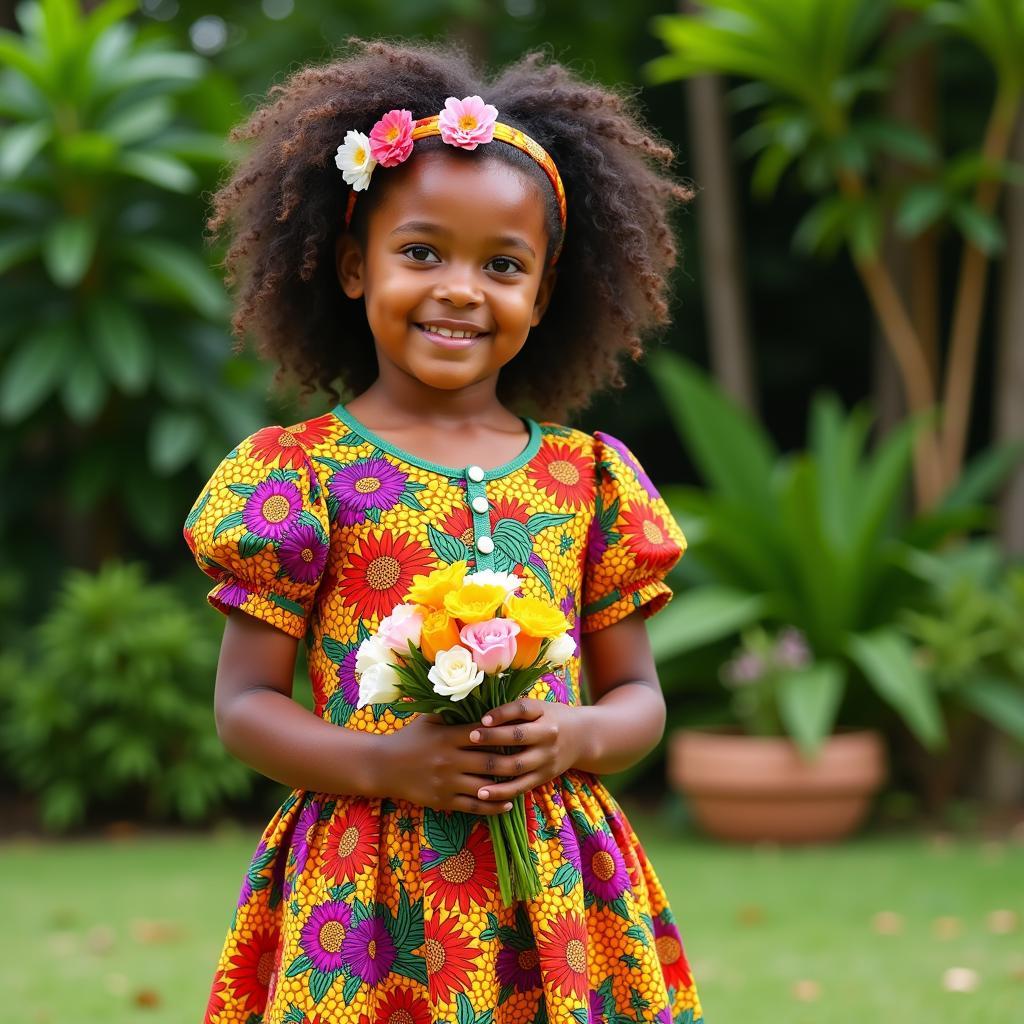 African flower girl in a vibrant Ankara print dress holding a bouquet of flowers