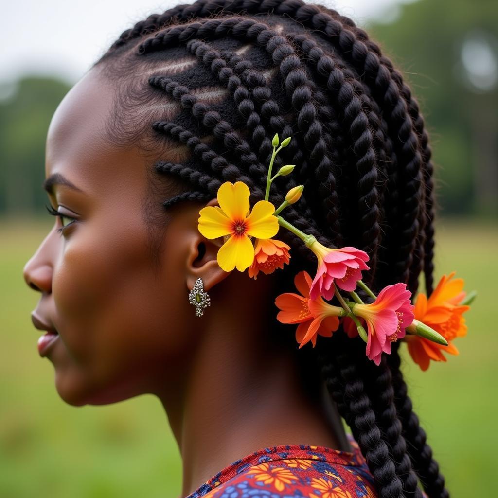 African Woman with Traditional Hairstyle Adorned with Flowers