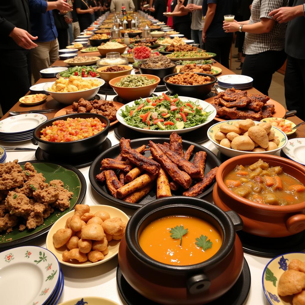 A vibrant buffet setup showcasing a variety of African dishes, from flavorful stews to colorful salads and grilled meats.