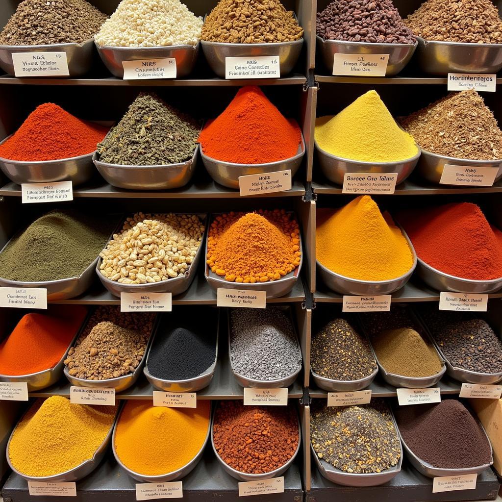 Interior of an African food shop, focusing on spice display