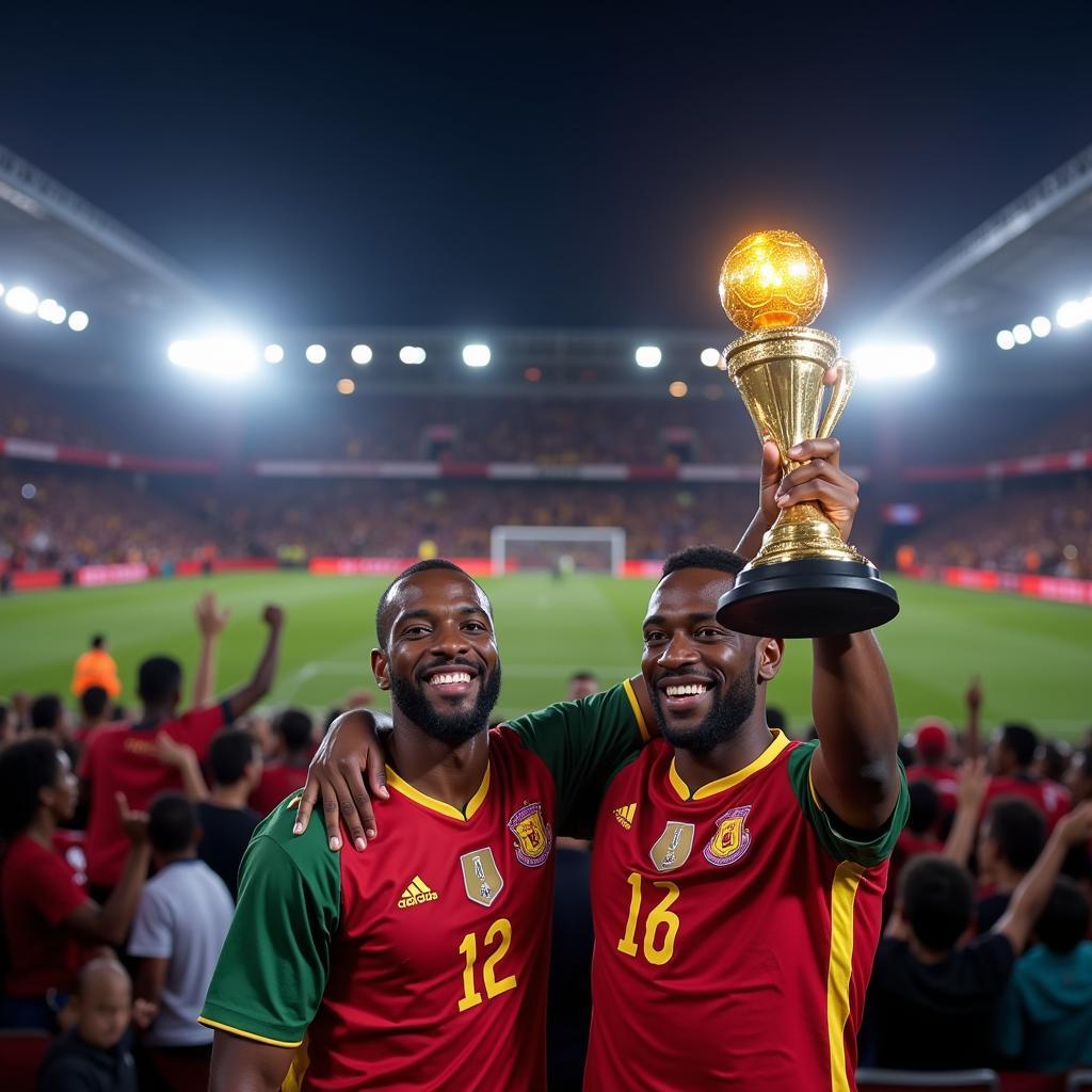 The gleaming African Footballer of the Year trophy, held aloft by a past winner.