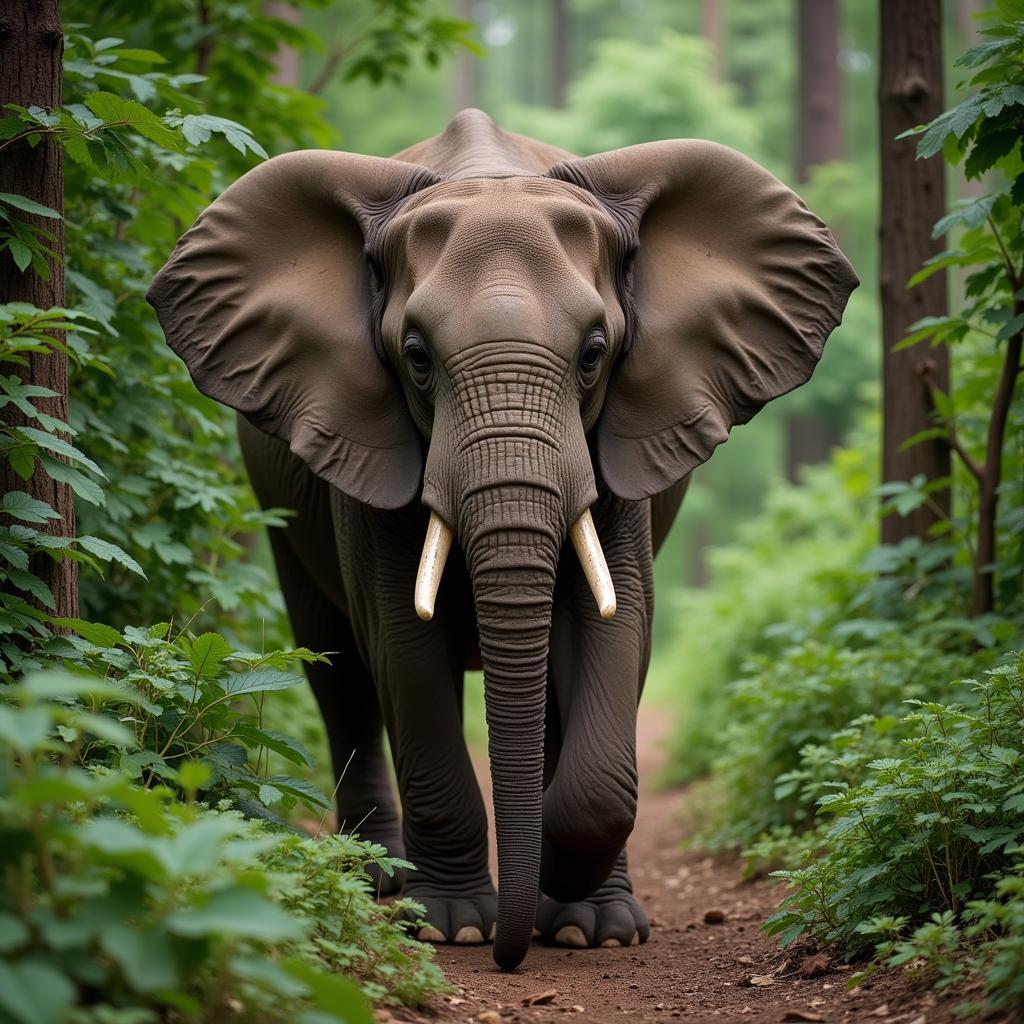 African Forest Elephant Navigating Dense Vegetation