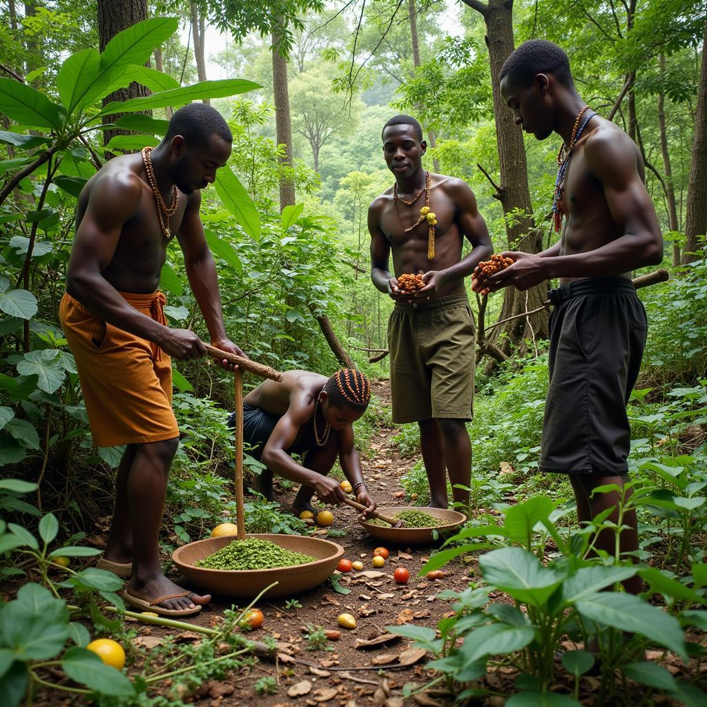 African Forest People Gathering Food and Resources