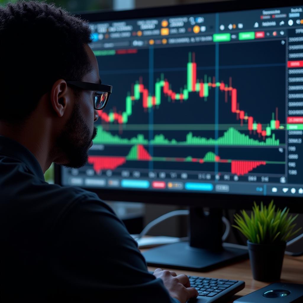 African Forex Trader Managing Risk on a Computer Screen