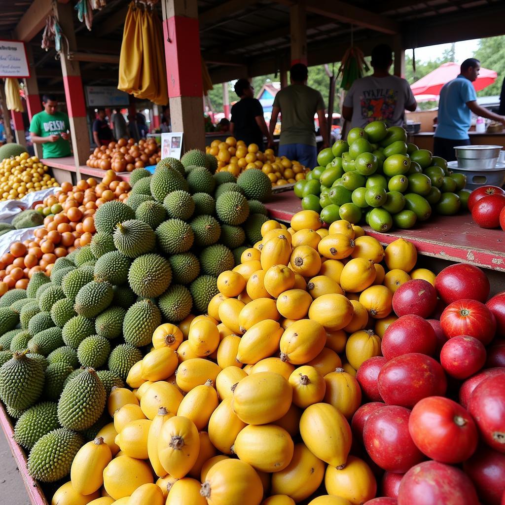 Variety of African fruits displayed in a bustling Congolese market