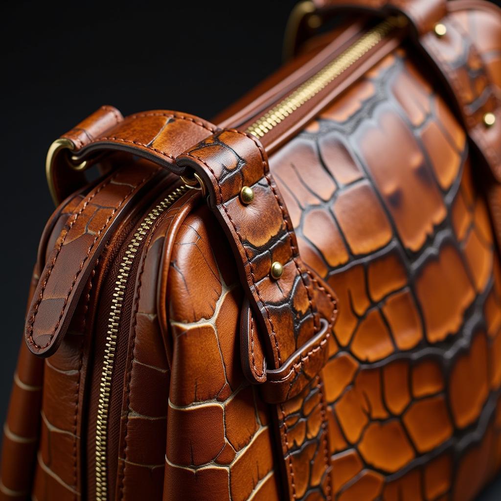 Close up of an African game skin handbag showcasing the intricate details and texture.