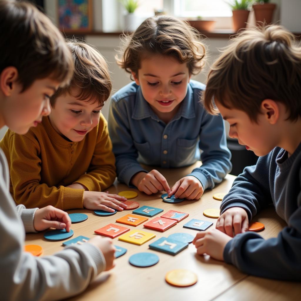 A group of children playing a traditional African game, demonstrating teamwork and strategic thinking.