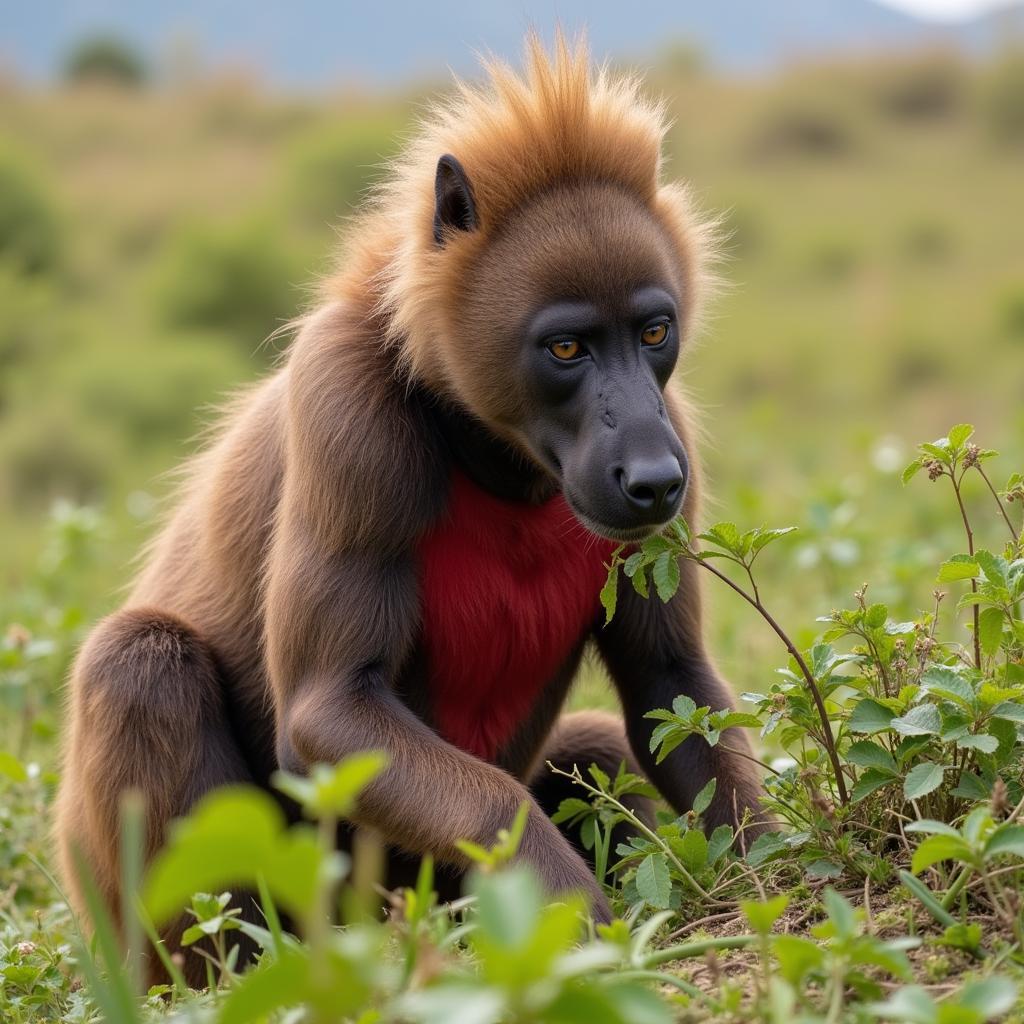 An African gelada eating grass in the Ethiopian highlands