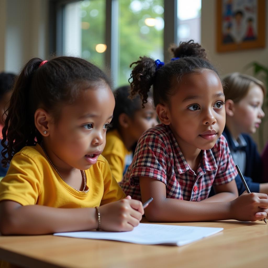 African German children learning the German language in a classroom setting, demonstrating their integration into German society.