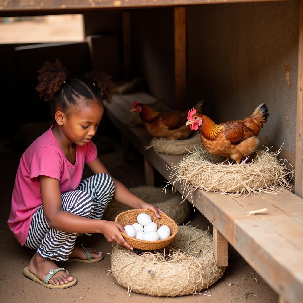 African girl collecting eggs in a chicken coop