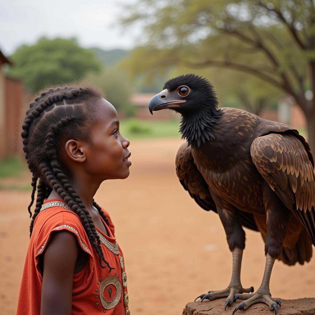 African Girl Observing a Vulture