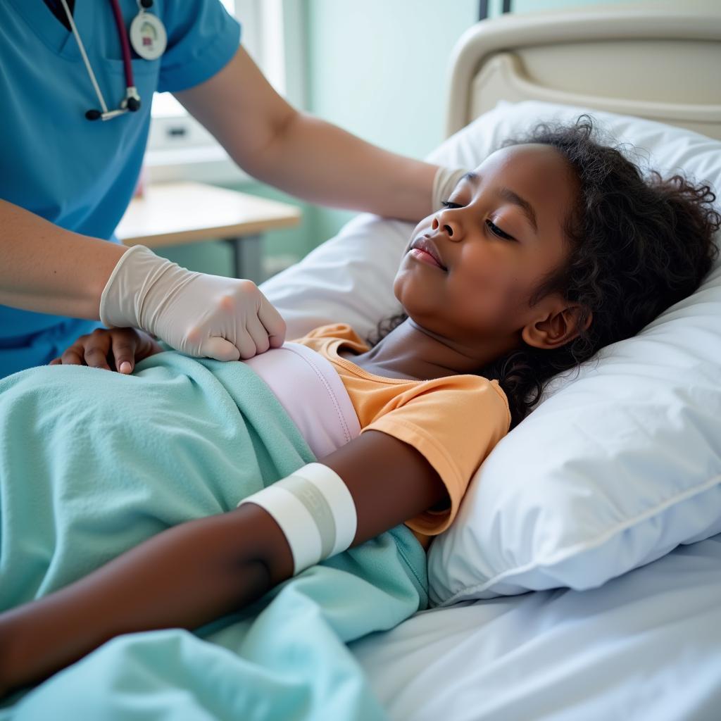 An African girl receiving medical care in a hospital.