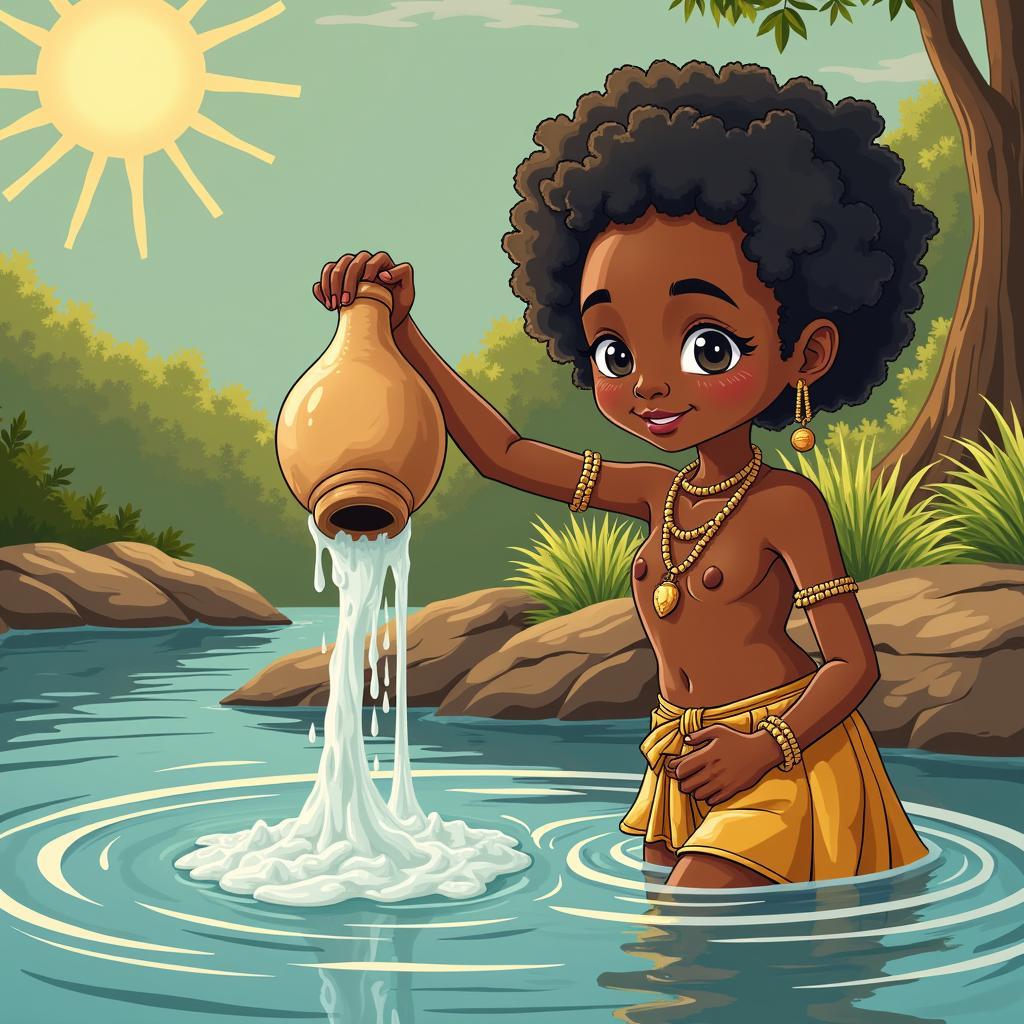 African Girl Performing a Ritual Bath in a River