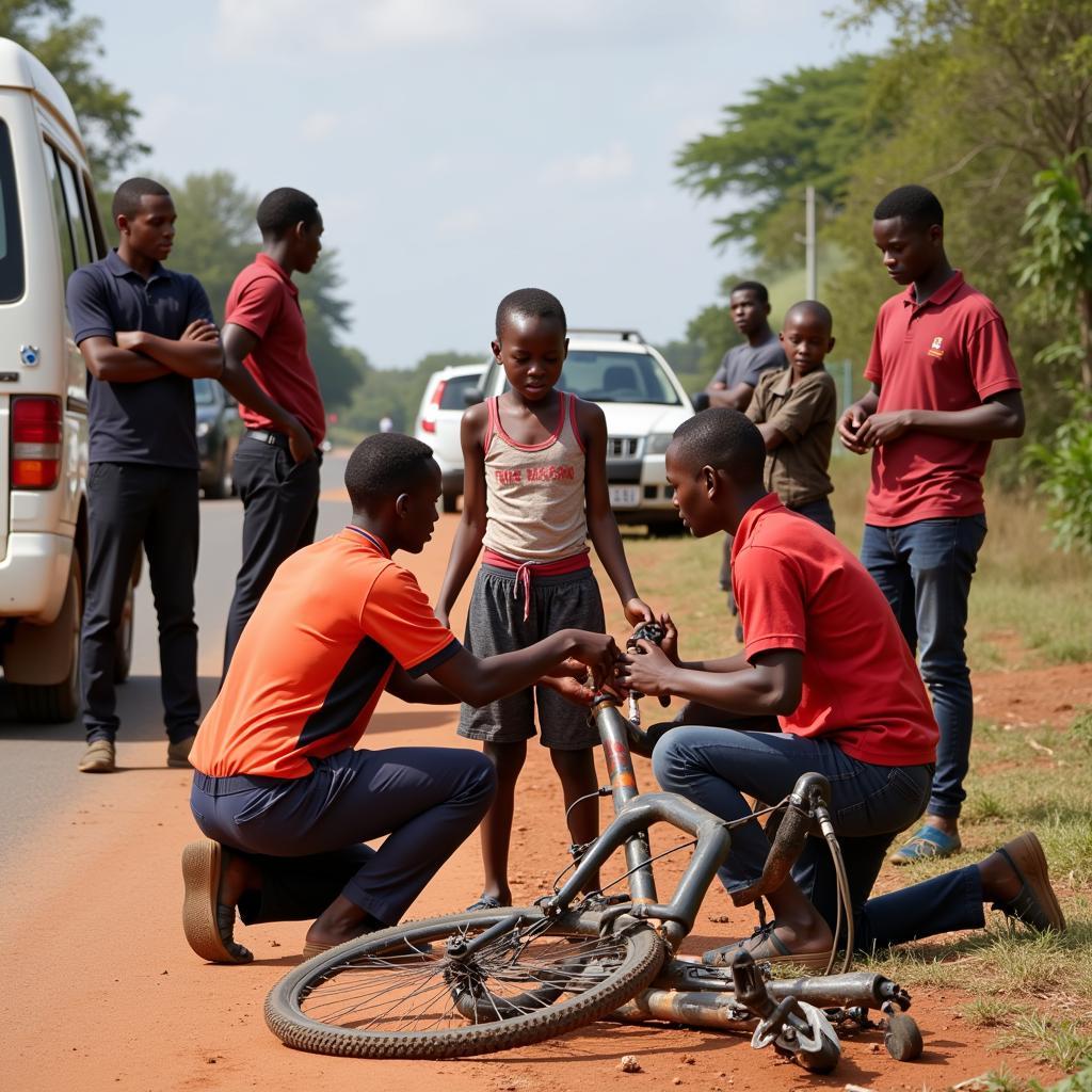 A young African girl receiving medical attention at the scene of a road accident.