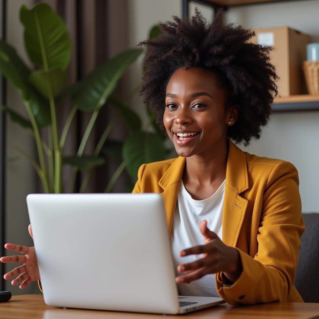 A young African woman speaking directly to the camera, addressing her YouTube audience with a confident and inspiring message.