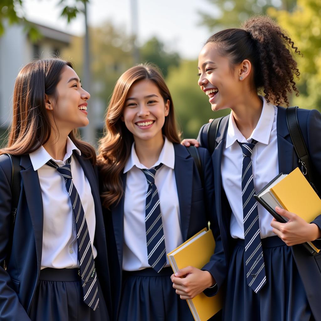 A group of African girls in school uniforms, smiling and laughing together, with books and backpacks.