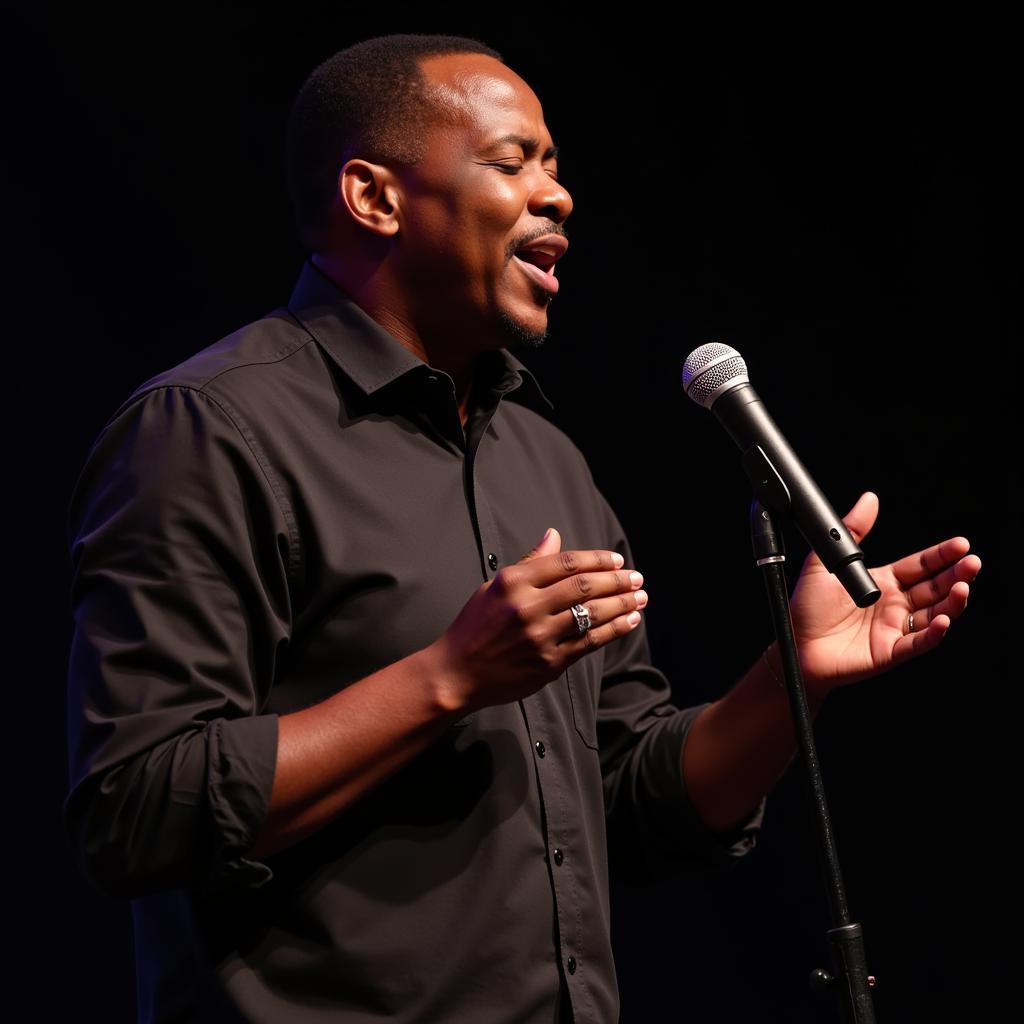 A solo African gospel singer passionately performing with a microphone in hand, eyes closed in worship.