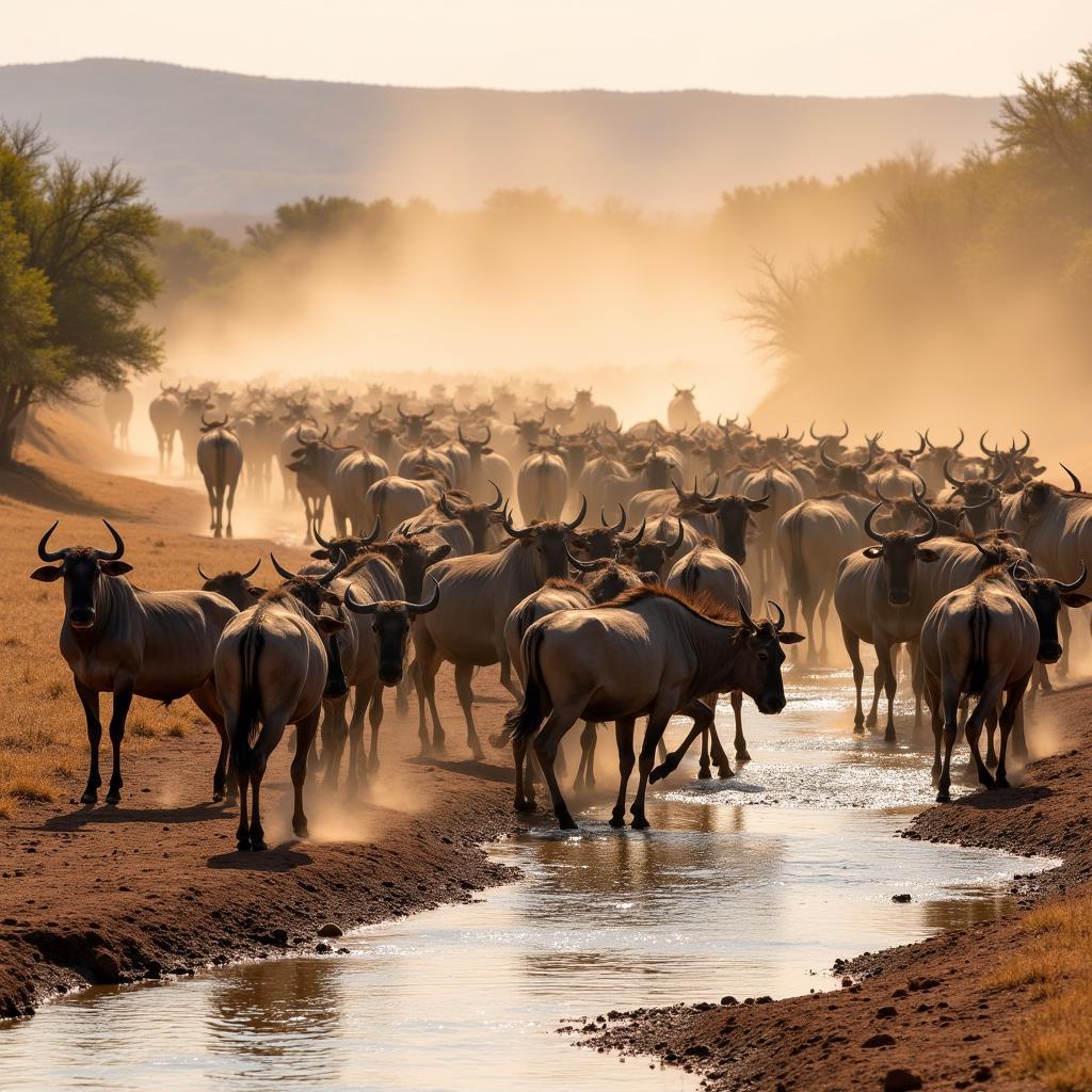 Wildlife Migration during Dry Season in African Grassland