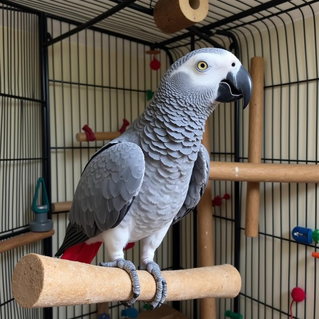 African Gray Parrot in a Spacious Cage